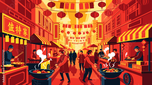 Festive Lunar New Year Street Scene with Food Vendors Cooking and Selling Dishes Under Vibrant Red Lanterns