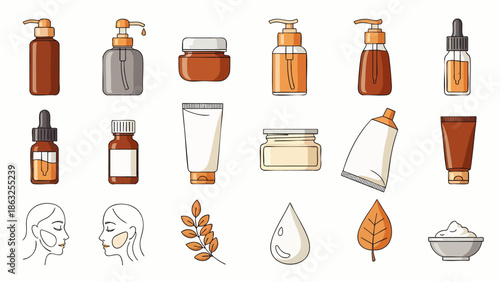 Collection of cosmetic bottles, jars, and tubes with skincare ingredients and facial illustrations