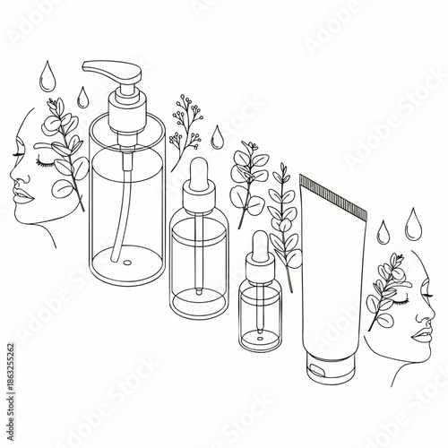 Minimalist Line Art Skincare Products with Botanical Elements and Woman's Face Outline