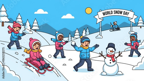 Children playing in snow on world snow day, cartoon illustration of happy kids sledding and building