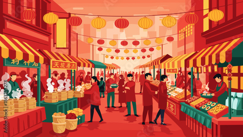 Vibrant Red and Orange Lunar New Year Street Market with People Shopping and Food Stalls Under Lanterns