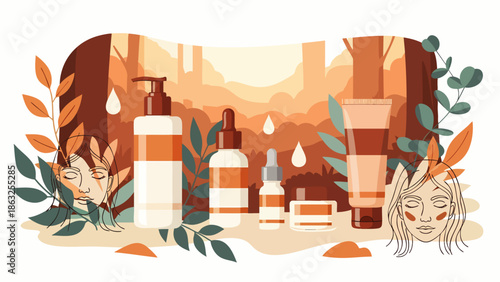Eco-friendly natural skincare product line illustration. Organic cosmetics bottles, jars, and serums in a serene forest setting for beauty and wellness.