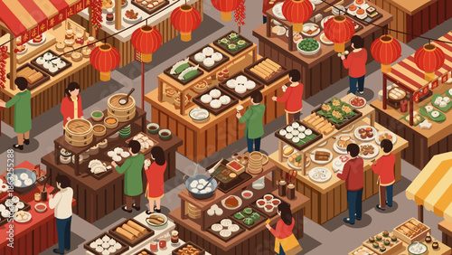 Isometric Overhead View of a Bustling Lunar New Year Food Market with Various Stalls and People