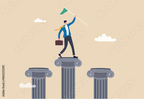 Pillars of success, foundation or support to achieve business target, challenge to be winner or rules of success, stable and strong leadership concept, businessman holding winning flag on pillars