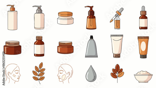 Cartoon vector set of beauty and skincare products. Cream jars, lotion bottles, serum droppers, and tubes for packaging, branding, and personal care.