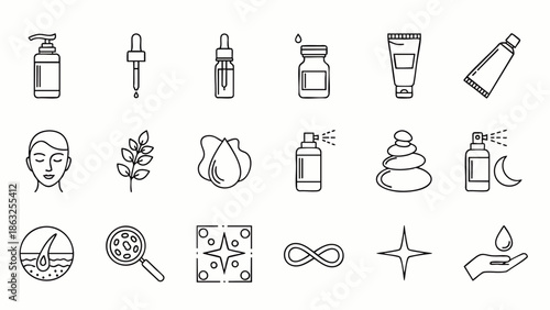 Skincare and Beauty Line Icons Set. Collection of Cosmetic Products, Dermatology, Spa, and Wellness Symbols. Modern Outline Vector Illustrations.