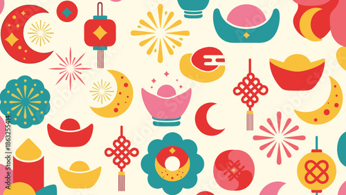 Cheerful Colorful Lunar New Year Symbols Pattern. Festive Background with Bright Traditional Elements.
