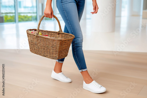 Woman walking indoors, carrying a woven basket filled with fresh produce, showcasing a casual lifestyle and healthy living in a modern, bright environment