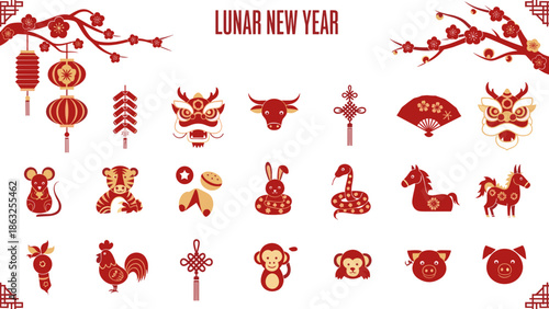 Vibrant Lunar New Year pixel art icon set with various Chinese zodiac animals, lanterns, firecrackers, and plum blossoms for festive designs.