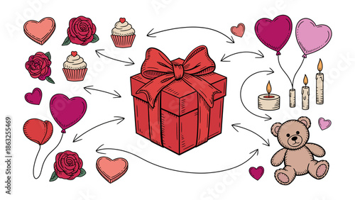 Festive Gift Selection: A vibrant assortment of symbolic elements including hearts, roses, balloons, cupcakes, candles, and a teddy bear, all converging around a beautifully wrapped gift box.