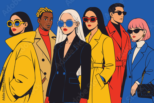 This vibrant fashion illustration features a group of stylish, diverse models in a bold, contemporary style. Utilizing a high-contrast palette of primary yellow, deep royal blue, and striking red
