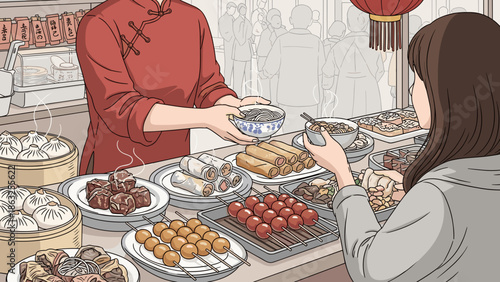 Lunar New Year Food Stall Vendor Serving Traditional Chinese Dishes to Customers at Festive Market Celebration