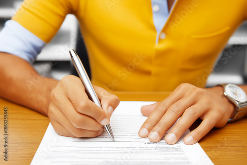 Male individual in a yellow shirt is signing a document with a silver pen on a wooden table, showcasing attention to detail and professionalism in a formal setting