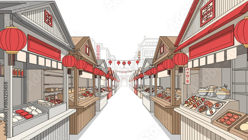 Empty Lunar New Year Street Market with Traditional Stalls and Red Lanterns, Preparations for Festival