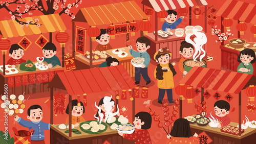 Joyful Children Enjoying Food and Activities at a Festive Lunar New Year Market with Cherry Blossoms and Lanterns