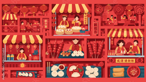 Isometric View of Traditional Lunar New Year Food Stalls with Vendors Selling Dumplings, Skewers, and Delicacies