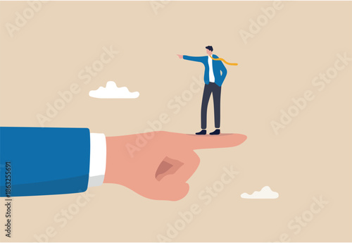 Employee conflict direction, argument between coworker, different thought, disagreement or opposite way, decision issue concept, tiny businessman standing on giant hand pointing in opposite direction.