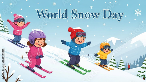 Children skiing on snowy mountain slope, world snow day celebration with kids in colorful winter clothing
