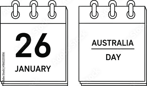Outline calendar icon showing 26 january, celebrating australia day with a simple design