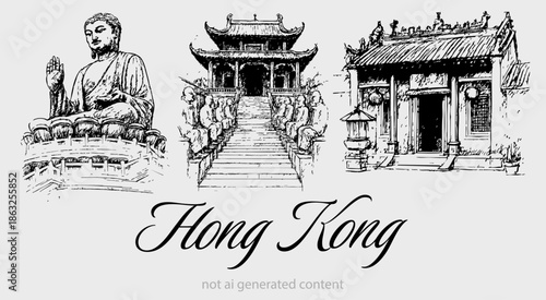 This vintage architectural illustration set features hand-drawn sketches of iconic landmarks in Hong Kong. Rendered in a classic black and white engraving style, the collection highlights the city's r