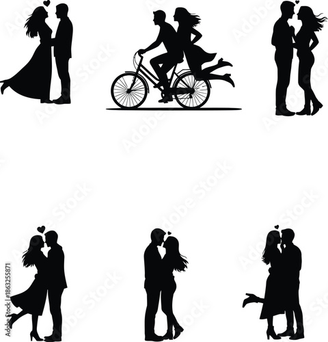 Romantic black silhouettes of couples in love, celebrating affection and togetherness