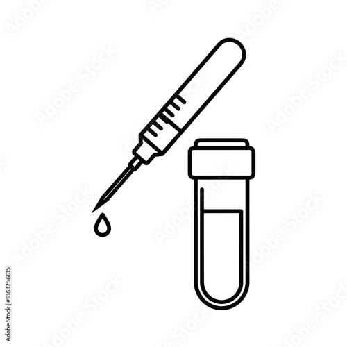 Syringe drawing blood into test tube for medical analysis icon  
