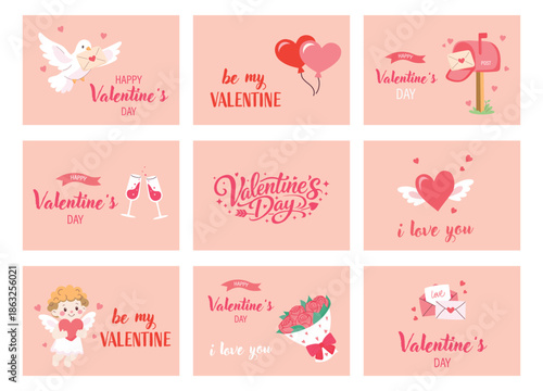 Nine colorful cards show various designs for Valentine's Day. They feature hearts, flowers, and cute characters wishing happy Valentine's Day and expressing love.