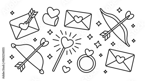 Valentine's Day Line Art: Intricate line art celebrates romance, featuring a collection of hearts, arrows, envelopes, and a ring, perfect for expressing love and affection.