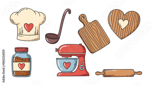 Culinary Love: A collection of kitchen tools and ingredients, each adorned with a symbol of love, hints at the warmth and joy of cooking.