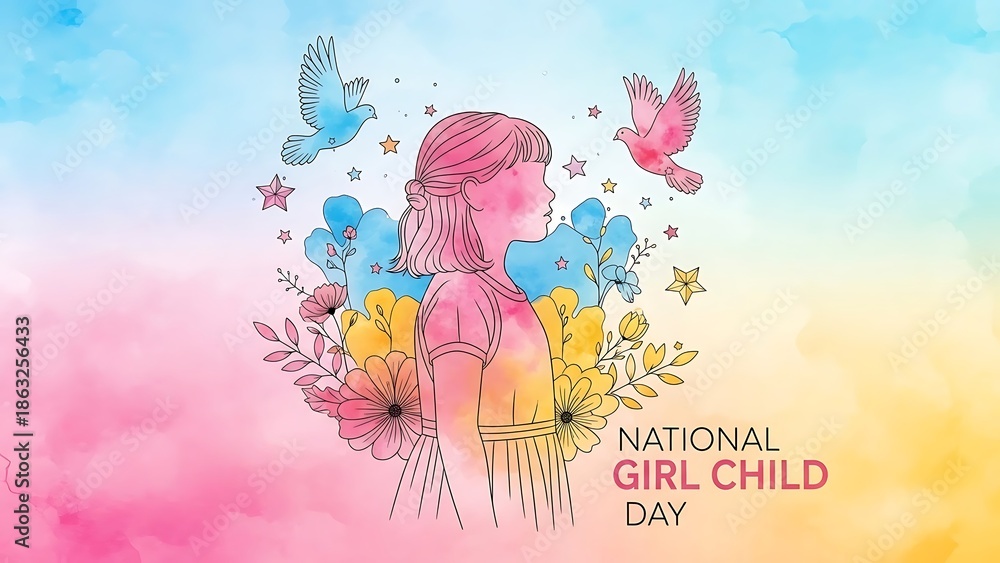 Fototapeta premium National girl child day illustration with flowers and birds