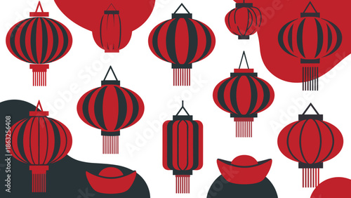 Assorted Chinese New Year Lanterns and Gold Ingots Decoration