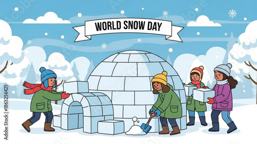 Children building an igloo together on a snowy day with world snow day banner above them