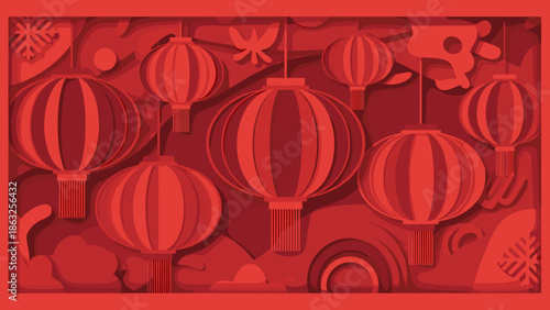 Paper Cut Style Chinese New Year Red Lanterns and Folk Art Motifs