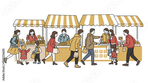 Simple Line Art Illustration of a Lunar New Year Street Market with Shoppers and Food Stalls