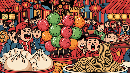 Close-up of Delicious Lunar New Year Street Food with Joyful Cartoon People Celebrating