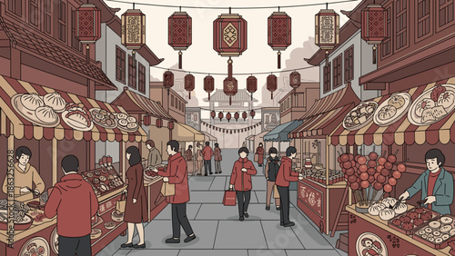 Detailed Traditional Chinese Lunar New Year Street Market Scene with Architecture and Festivities