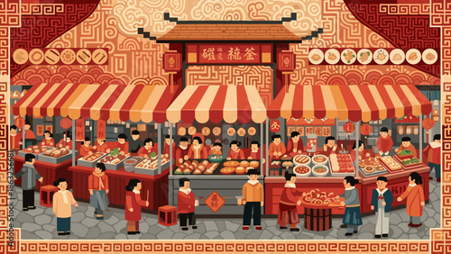 Grand Entrance to a Lunar New Year Street Market with Numerous Food Stalls and Festive Decor