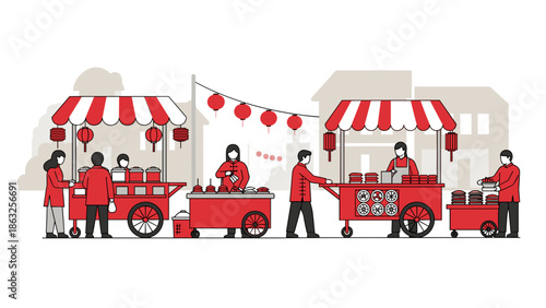 Minimalist Line Art Illustration of Lunar New Year Street Market Stalls with Vendors