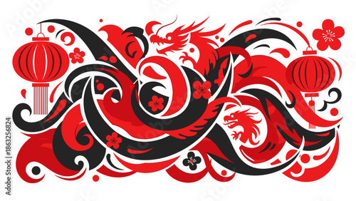 Dynamic Lunar New Year illustration featuring two vibrant red dragons, traditional lanterns, plum blossoms, and swirling abstract forms on a white background, festive and powerful design.