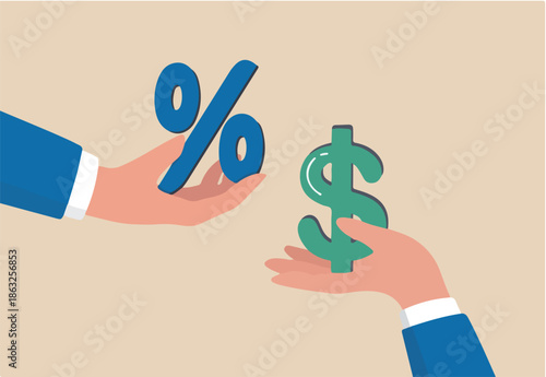 Investment profit earnings, interest rate or dividends percentage, offer discount or sale, income tax or make money concept, businessman hand offer percentage sign with other giving dollar money