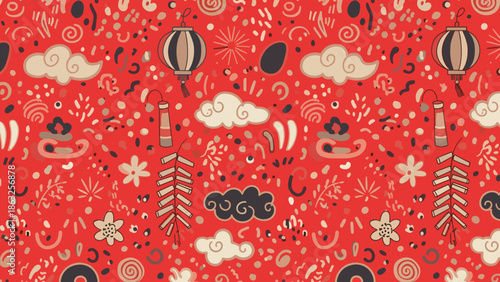 Busy Lunar New Year seamless pattern on a red background, filled with playful traditional elements like lanterns, clouds, firecrackers, flowers, and decorative doodles.
