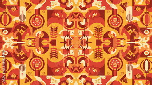 Symmetrical and intricate Lunar New Year pattern with traditional Chinese lanterns, firecrackers, gold ingots, and auspicious symbols in a warm red and orange palette.