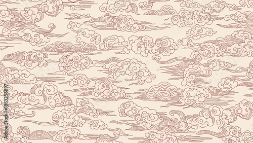 Serene Lunar New Year seamless pattern featuring stylized Chinese auspicious clouds in elegant brown tones on a light background, representing good fortune and tranquility.