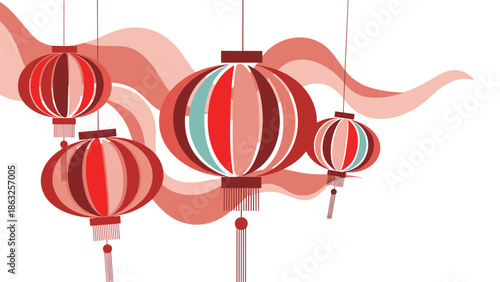 Elegant Lunar New Year illustration with multiple hanging traditional Chinese lanterns in various shades of red and subtle teal, set against a soft, wavy background.