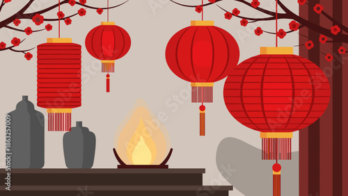 Cozy Lunar New Year interior scene with hanging red lanterns, plum blossom branches, decorative vases, and a warm glowing light source, creating a festive ambiance.