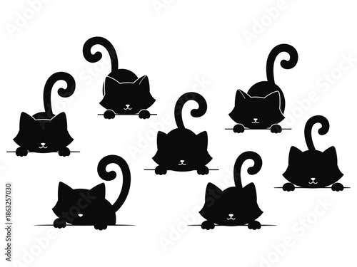A collection of playful black cat silhouettes in various poses