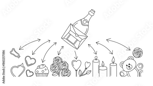 Celebration essentials: A top-down illustration presents a bouquet of celebration items around a bottle of sparkling wine and a greeting card. A symbol of celebration, romance, and festivity.
