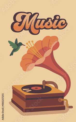 This retro-style vector illustration features a vintage gramophone with a horn blooming into a large, vibrant flower, being visited by a delicate hummingbird. Utilizing a warm, nostalgic color palette