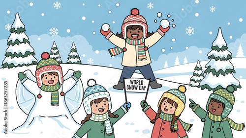 Group of diverse children in winter clothing playing with snowballs and celebrating world snow day