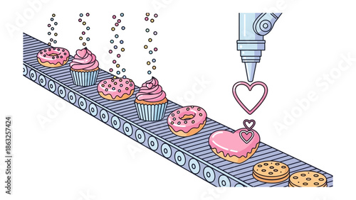Sweet Factory Automation: A whimsical illustration of a sweet treat production line, where robotic arms and sprinkles transform donuts and cupcakes into delectable creations.